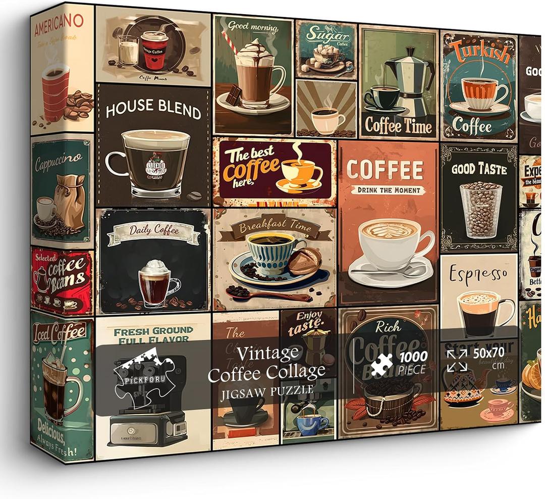 Vintage Coffee Collage Puzzles for Adults 1000 Pieces, PICKFORU Breakfast Food Jigsaw Puzzle Coffee Latte, Hard Difficult Retro Poster Theme for Home Wall Decor