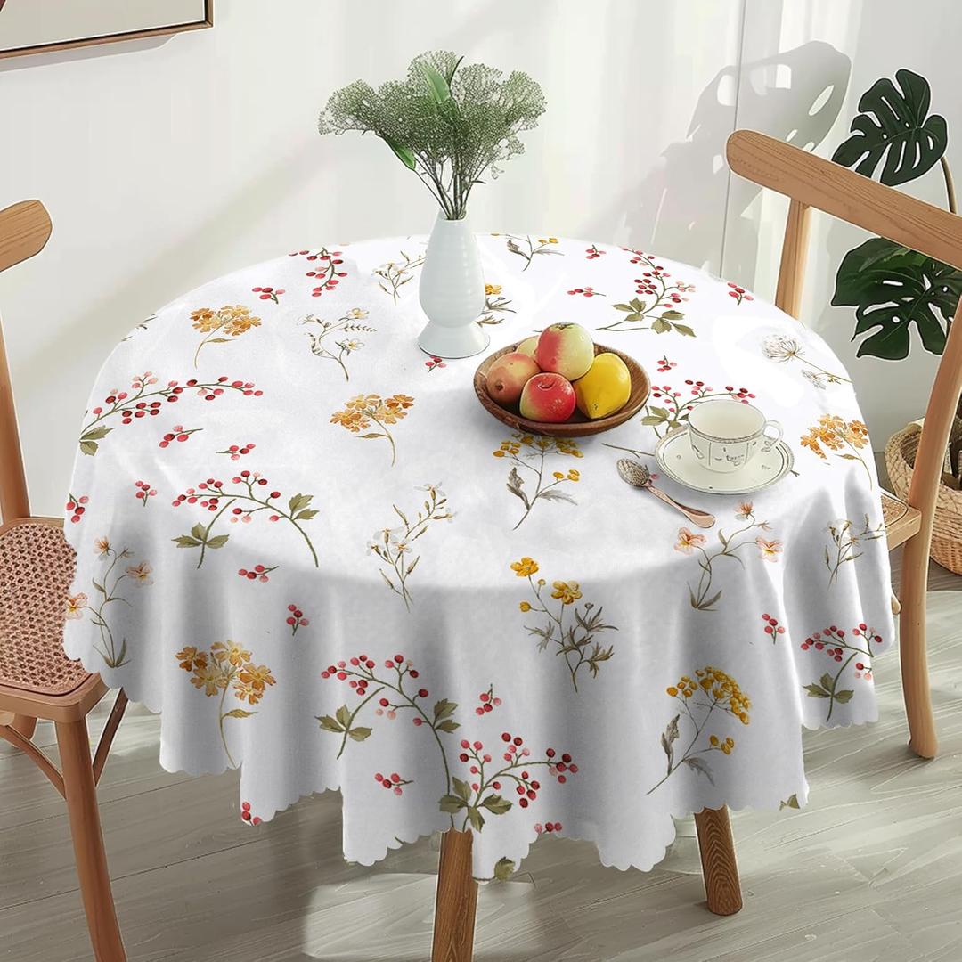 Round Tablecloth Yellow Pink Floral Polyester Waterproof Stain Resistant Rustic Farmhouse Dining Table Cloth 60 Inch