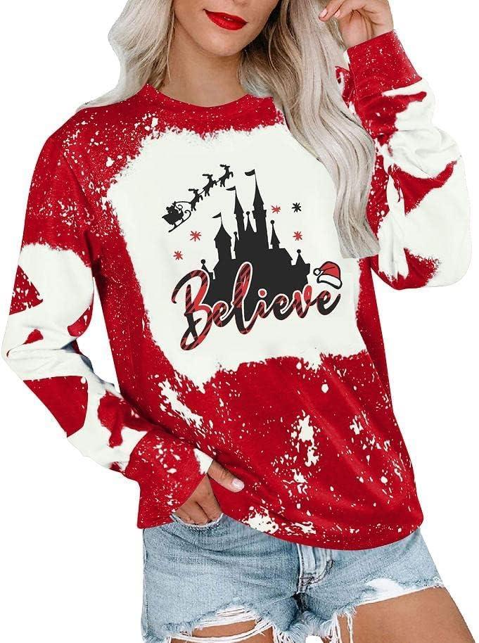 MOUSYA Believe Christmas Shirts for Women Believe Santa Hat Graphic Sweatshirt Christmas Bleached Shirt Holiday Party Tees (X-Large, Red-167)