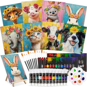 Cholemy 36 Pcs Paint and Sip Kit for Adults 8''x10'' Pre Drawn Canvas for Painting DIY Afro Acrylic Painting Kit Wood Easel Brushes Date Night Bulk for Christmas Party Gifts(Flower Animals)