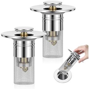 RANTEC 2Pcs Bathroom Sink Stopper for US Universal Replacement, Pop Up Stainless Steel Floor Drain Filter with Basket Hair Catcher, Sink Drain Strainer for 1.1-1.45 Inch Pack of 2