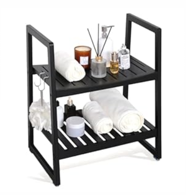 VVW 21.6 Inch Bamboo Shower Bench Seat Chair Stool with Arms for Inside Shower, Heavy Duty Spa Bath Chair with 2 Movable Hooks, Non-Slip Feet for Bathroom Accessories (Black)