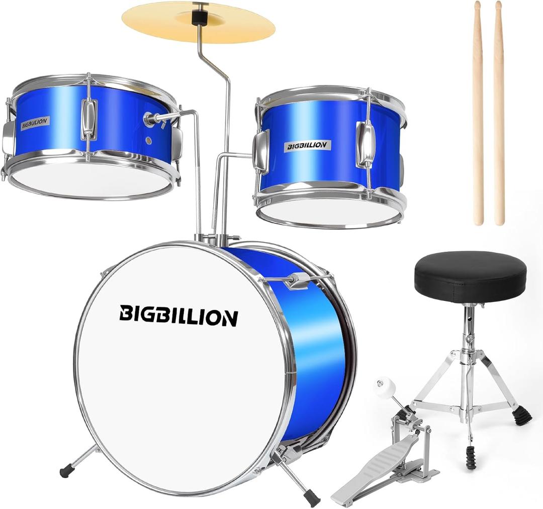 Kids Drum Set 14'' Beginner Kit Drum for Kids, 3-Piece Junior Drum Set with Bass Tom Snare Drum with Adjustable Throne, Cymbal, Pedal, Drumsticks (Blue)