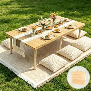 9 PCS Boho Picnic Set 60x28.3" Folding Picnic Table with 6PCS Pillow Covers
Table Runner,Blanket, Solid Wood Portable Low Table, 2 Adjustable Height Legs 13'' & 16'',for Beach Camping Garden BBQ Party