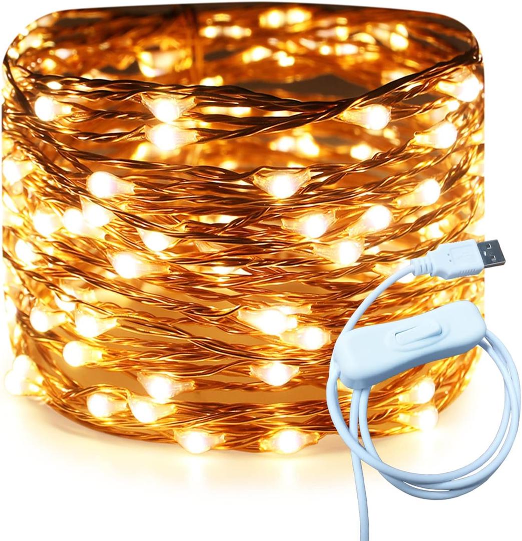 RUICHEN 20 Ft 120 LED USB Fairy String Lights with On/Off Switch, Waterproof Copper Wire Lights for Bedroom Wall Ceiling Wreath Crafts Christmas Wedding Party, Warm White