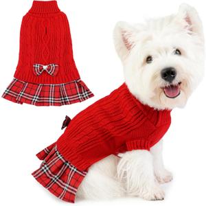 Dog Sweater Dress for Small Dogs Girl with Bowtie Winter Puppy Clothes Comfy Turtleneck Pet Pullover Knitwear for Female Doggie Chihuahua Yorkie (Red, XL)