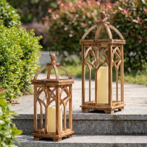 Large Farmhouse Wooden Decorative Lantern Set of 2, Rustic Brown Burnt Wood Hanging Lanterns for Indoor Outdoor Home Garden Porch Wedding Decor (No Glass)
