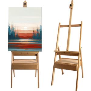 Large Solid Beech Wood Painting Easel with Storage Drawer(60"~75" H), H-Frame Adjustable Wooden Easel Stand with Signature Box for Adults, Students, Sturdy Canvas Holder up to 36''