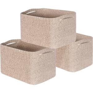 MINTWOOD Design 3-Pack Decorative Woven Storage Baskets for Shelves, Cube Bin Box for Organizing Books, Shoes, Dog Toys, Pantry Closet and Living Room Organizer, Oatmeal Brown