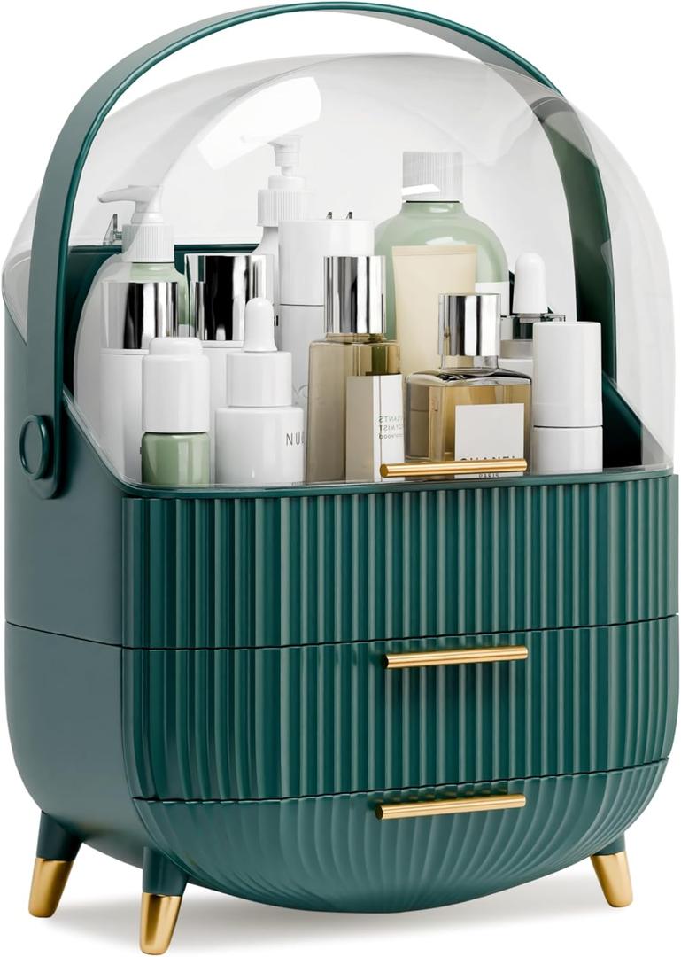lurcns Makeup Organizers and Storage Make up Organizer for Vanity Cosmetics Skincare With Lid and Drawers Display Cases for Countertop Bathroom Women Teenager Girl Gifts(Dark Green)