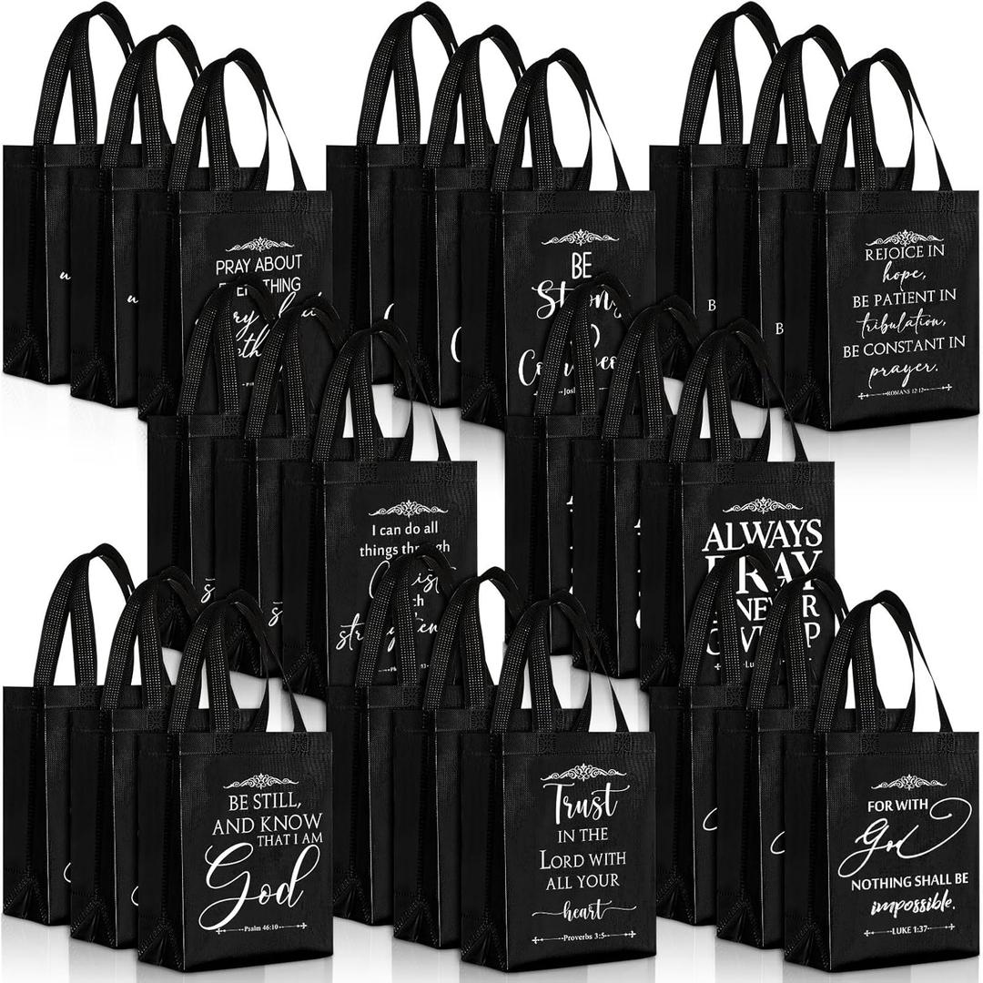 Aliceset 24 Pcs Christian Gift Bags Bulk with Handle for Church Mother's Day Reusable Medium Bible Verse Religious Gift Bags Non Woven Welcome Totes for Baptism First Communion Favors (Black)