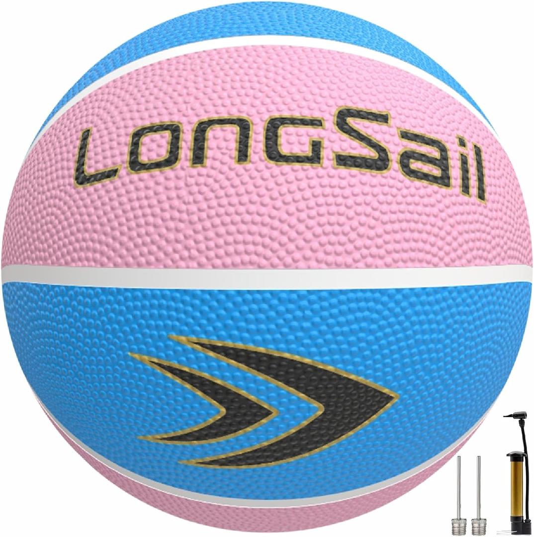 Full Size Basketball Rubber- Leather,Indoor-Outdoor-Pool,with Pump(Deflated) (Pink/Blue Size 5 (27.5"))