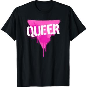 Queer Pink Triangle in Punk Spray Paint Stencil Style Font T-Shirt, S