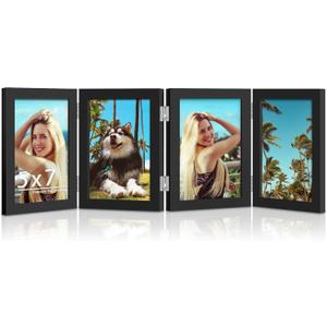 4 Folding 5x7 Picture Frame Horizontal Engineered Wood Accordion Photo Frame with Plexiglass Tabletop Bookshelf Display Black