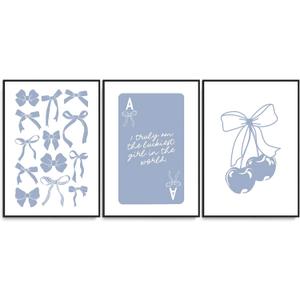 Preppy Blue Bows Canvas Wall Art Trendy College Apartment Prints Lucky Girl Syndrome Posters Ace Poker Pictures Aesthetic Girly Cherry Wall Decor Painting For Bedroom Dorm Living Room 16x24in Unframed (24L" x 16W")