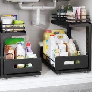 Biboraya 2 Pack Under Sink Organizer Upgrade To Professional Rails,2-Tier Dual Pull Out Cabinet Storage,Height Adjustable Slide Out Drawers For Bathroom Kitchen,14.5"Dx12.8"-16.9"H,Black
