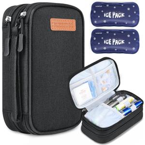 Insulin Cooler Travel Case, Double Layer Medicine Kit Diabetes Travel Case, Portable Medicine Organizer with 2Pack 150g Ice Pack TSA Approved for Insulin Pens Diabetic Supplies (Black)