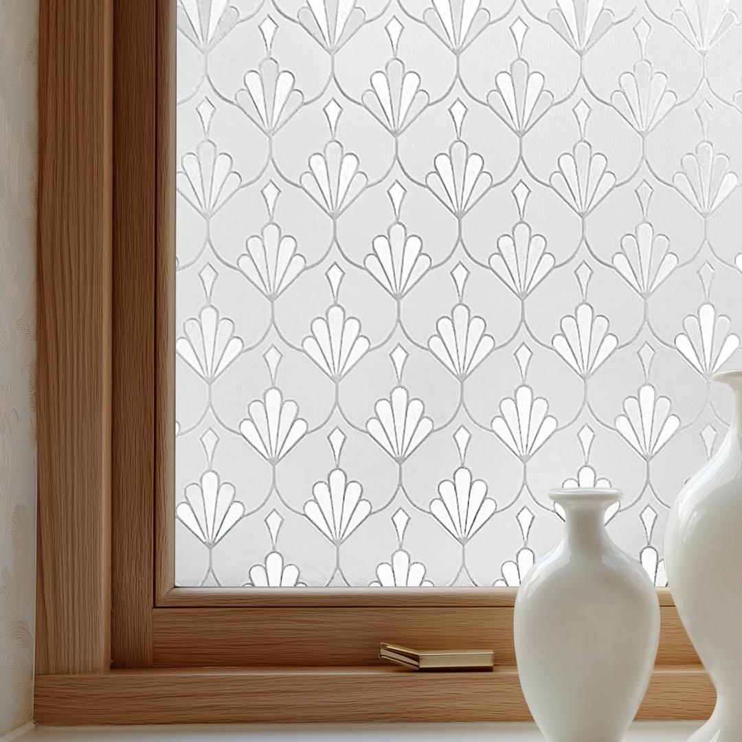 OHTMERU Window Privacy Film Decorative for Front Door, Bathroom Static Cling Stained Glass Sticker Opaque Heat Control UV Blocking Non-Adhesive for Home Windows 17.5 X 78.7 inches Bliss Bloom