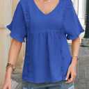 Womens Summer Tops V Neck Ruffle Half Sleeve Blouses Cute Lace Peplum Shirts Casual Boho Babydoll Clothing 2025 (Blue, XXL)