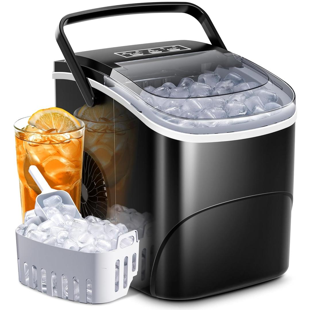 AGLUCKY Ice Makers Countertop with Handle,26.5Lbs/24H,9 Cubes in 6 Mins,2 Sizes of Bullet Ice,Portable Machine with Self-Cleaning,Perfect for Home Kitchen(Black)