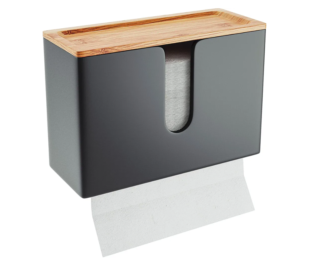 NATURE SUPPLIES Bamboo Paper Towel Dispenser with Removable Top Tray for Bathroom and Kitchen, Wall Mount and Countertop Multifold, C-Fold, Z-Fold, Tri-Fold Hand Towel Holder for Commercial Use, Black