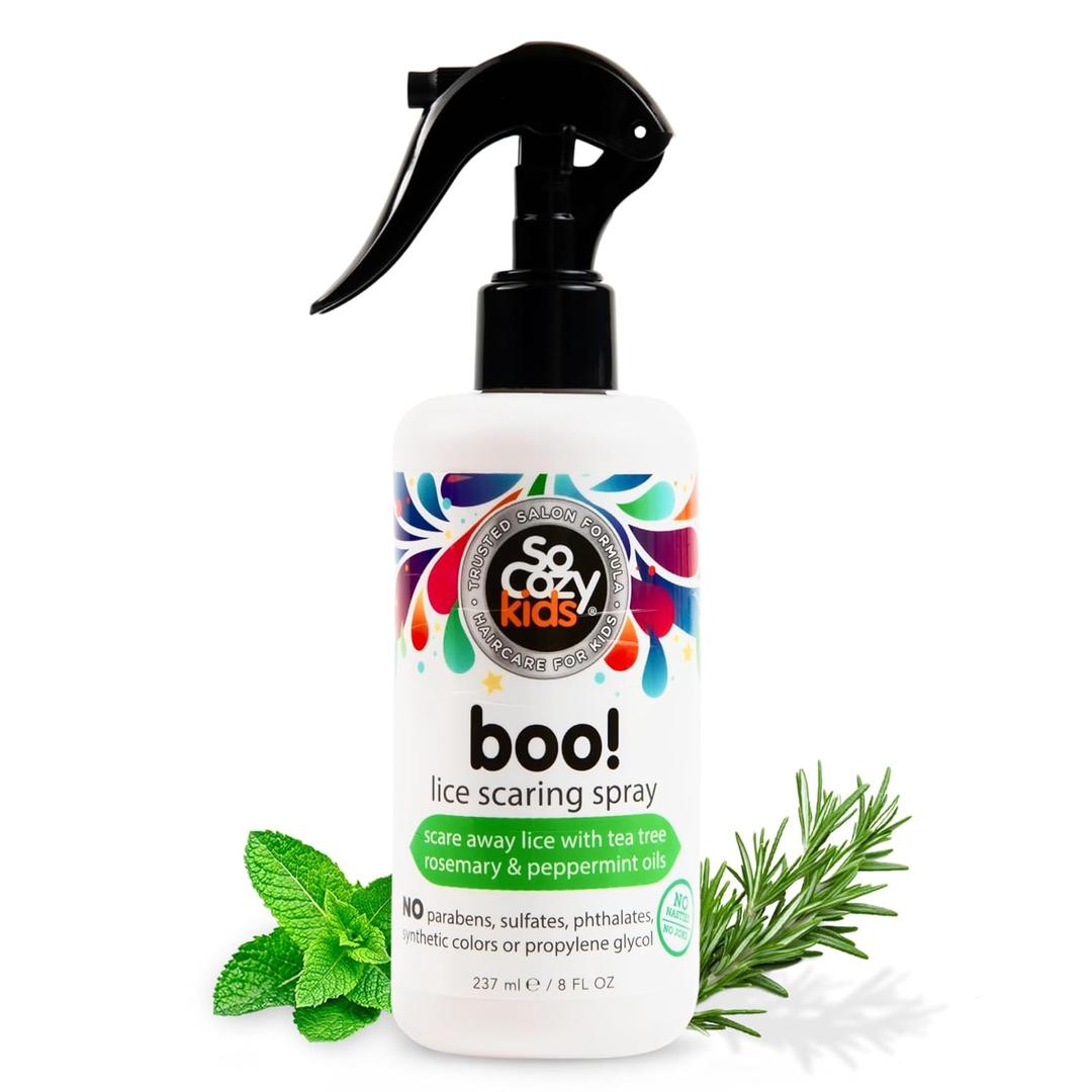 SoCozy Boo Lice Scaring Spray For Kids Hair, Effective Lice Treatment (8 Fl Oz) Clinically Proven to Repel Lice, Conditioning Spray with Tea Tree Oil, Rosemary Oil & Keratin, Paraben & Sulfate Free (8 Ounce (Pack of 1))