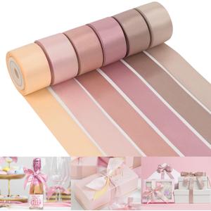 HUIHUANG Dusty Rose Wedding Ribbon Double-Faced Satin Ribbon Assortment 1" Wide Rose Pink Silk Ribbons for Gift Wrap Wedding Bridal Baby Shower Decor Flower Bouquet Crafts- 6 Colors X 5 Yards Each