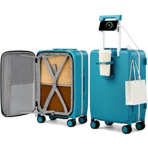 Hanke 20 Inch Top Opening Carry On Luggage, Hard Shell Suitcase with Cup Holder,USB Charging Port, Aluminum Frame with TSA Lock, 8 Spinner Wheels, Dry-Wet Separation Removable Dividers,Caribbean Blue