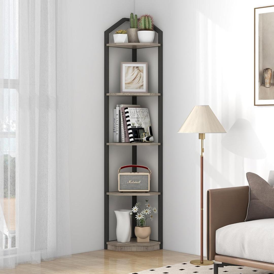 Fun Memories 5 Tier Corner Shelf, 70 Corner Shelf Stand, Corner Bookshelf Plant Stand, Storage Shelf for Bathroom, Living Room, Kitchen,Grey Home Office, Grey