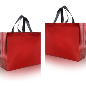 cabzymx 25 Pcs Red Reusable Gift Bags with Handles, Party Gift Bag with Sturdy Bases, Ideal Goodie Bag Bulk for Xmas, Birthday, Wedding, Holiday- 12.6x4.7x11 In