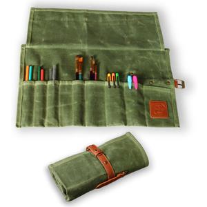 Earth & Fiber Co. Compact Waxed Canvas Paint Brush Holder - Portable Art Bag for Painting & Drawing - Art Supplies Organizer - Storage Roll Bag for Artists (green)