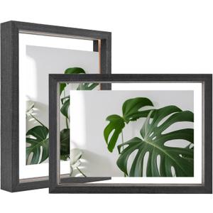 Egofine 6x8 Floating Frames Set of 2, Double Plexiglass Picture Frame, Made of Solid Wood Display Any Size Photo up to 6x8, Wall Mount or Tabletop Standing, Rustic Black