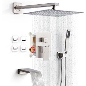 Shower Faucet Set Complete with Tub Spout Shower System Wall Mounted with 10 inch Rainfall Shower Head and Handheld Shower Rain Shower Combo for Bathroom, Brushed Nickel