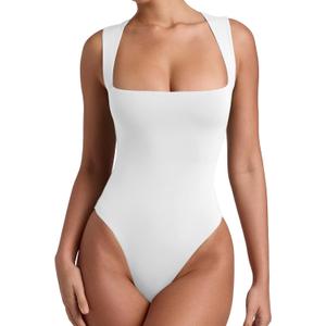 REORIA Butsmooth Womens Sexy Sleeveless Square Neck Double Lined Basic Bodysuit Tank Tops (Small, White)