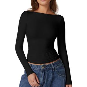 QINSEN Women's Sexy Open Back Long Sleeve Shirts High Neck Double Lined Tees Fitted Going Out Tops (Medium, Black)
