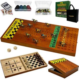 Large 23 inches Horse Race Board Game with Luxury Metal Numbered Horses, 4 in 1 Foldable Wood Horse Race Board Game with Dice Poker Chips/Chess & Checkers/Tic Tac Toe for for Adults Family Parties (Brown)