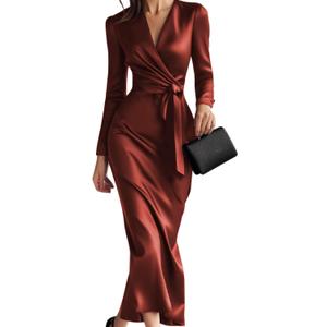 Women Long Sleeve V Neck Tie Waist Satin Elegant Formal Cocktail Wedding Guest Bodycon Midi Dress M
