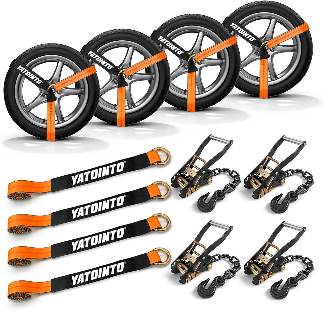 4 Pack Car Tie Down Straps for Trailers,2"96" Ratchet Tire Straps with Heavy Duty Chain Anchors,Lasso Wheel Strap 9900LBS Break Strength for Trailers, UTV,SUV,Trucks and Any car Hauling