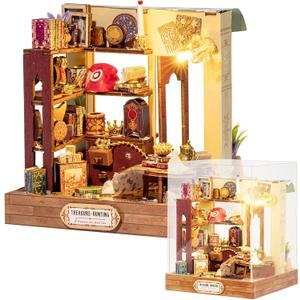Book Nook Kit for Adults and Teens, 3D Puzzles Bookshelf Decor, Wooden Booknook With Sensor Light, DIY Crafts Kits, Christmas Birthday Gifts for Him (Mini Treasure House)