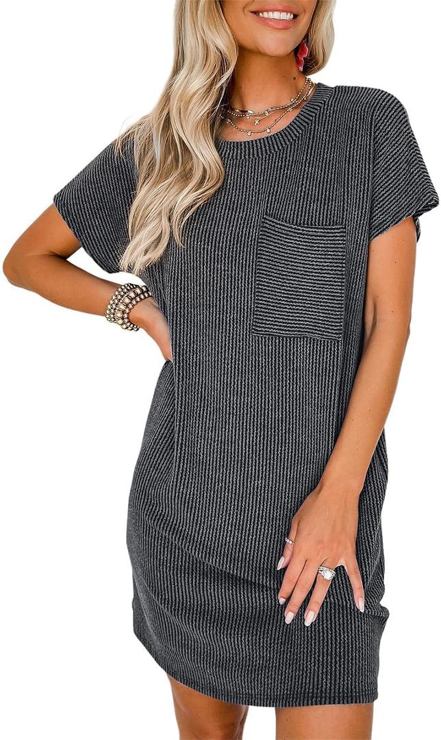 Acelitt Womens Casual Summer Crewneck Short Sleeve Ribbed Mini Tshirt Dress, XS-3XL