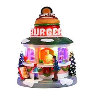 Chonsun Christmas Village 7.5 Inch Animated Christmas Shop Decorations Moving Hamburger 3AA Batteries Music Village People Indoor Lights Figurines for Room Tabletop Xmas Decor