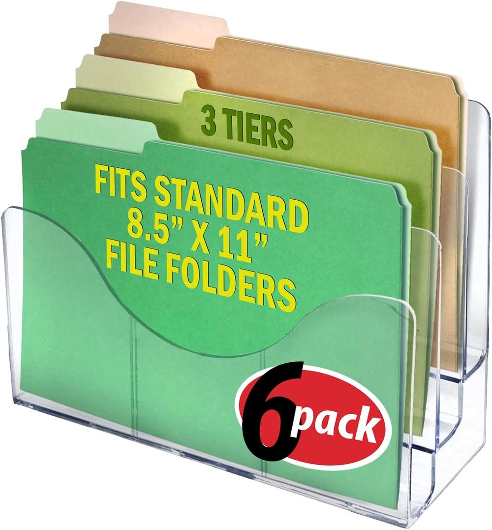 Azar Displays 250099-6PK Three Tier File and Brochure Desktop Wall Organizer Holder with Dividers brochure display stand acrylic file holder, Clear , 6-Pack