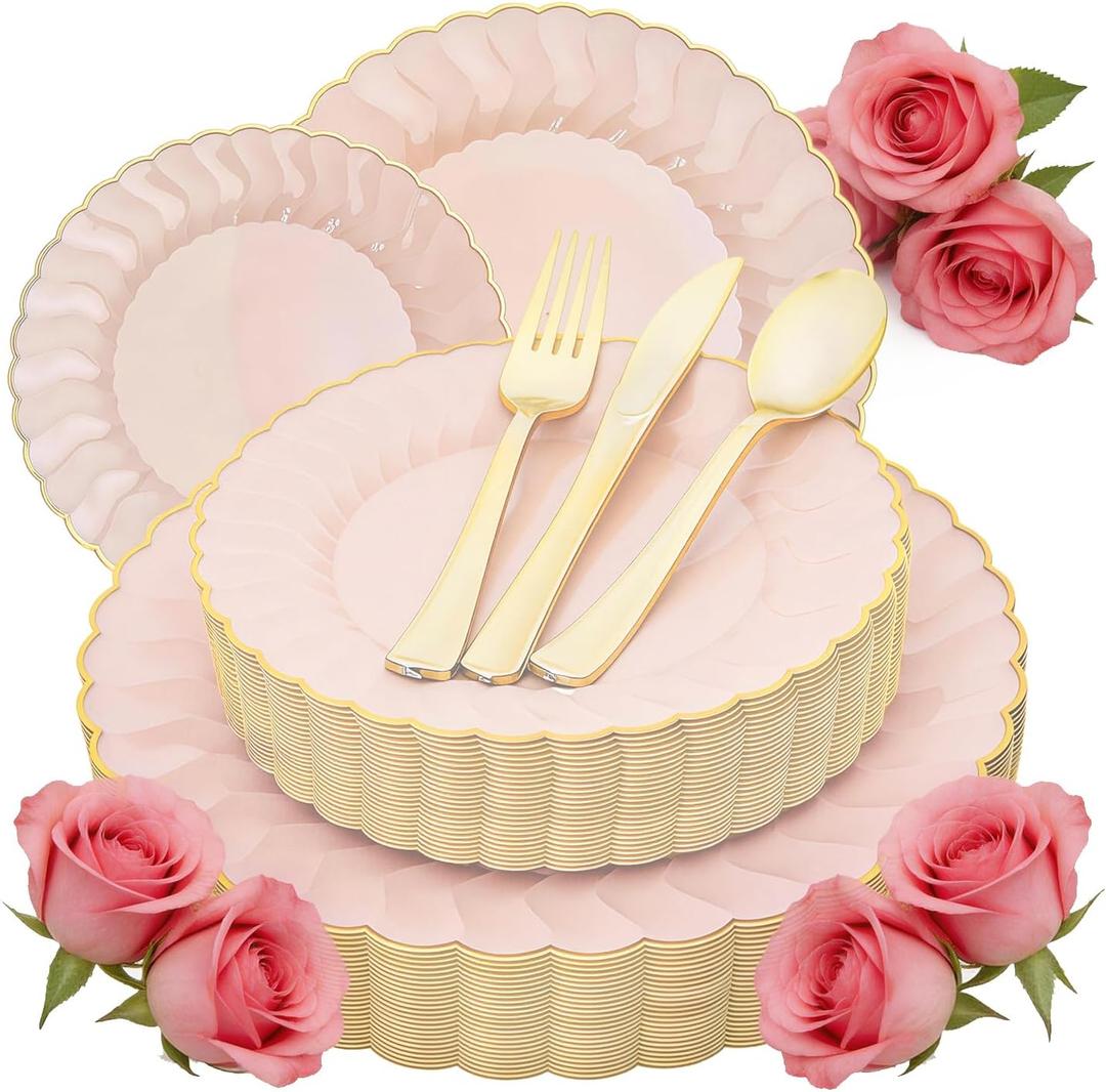 Pink Plastic Plates with Gold Rim, Scalloped Plastic Plates Set Includes 25 Dinner, 25 Dessert Plate, 75 Gold Silverware for 25Geusts for Wedding Birthday Parties (125Pcs Pink)