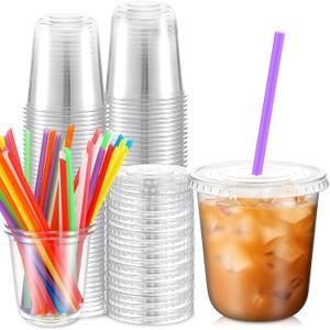 50 Pack Clear Plastic Cups With Flat Lids and Straws Disposable Drinking Cups for Iced Coffee, Cold Drinks, Juice, Smoothies, Milkshakes (12 oz)