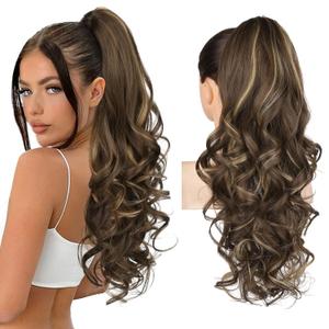 REECHO Ponytail Extension, 24" Claw Clip Ponytail Extension Wavy Ponytails Hair Extensions Jaw Clip on Pony Tails Natural Synthetic Hairpiece for Women Daily, Chocolate Brown with Highlights