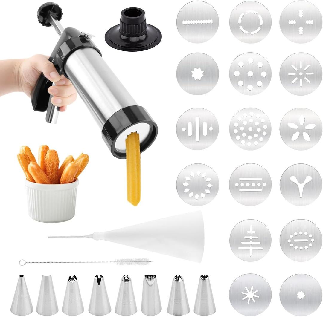 Professional Churro Maker Machine with 16 Discs & 8 Nozzles, Cookie Press Gu-n Kit, Multi-Function Cookie & Dough Press for DIY Dessert Making Decorating Baking Supplies