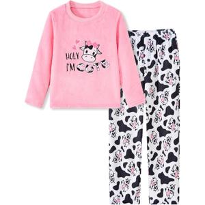 Funnycokid Girls Fleece Pajamas Set Kids Soft Flannel Pjs Pullover Top Pants Loungewear Size 7-14 (Pink)