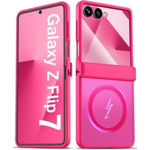 for Samsung Galaxy Z Flip 7 Case with Hinge Protector, Front Screen Protector, Slim Compatible with MagSafe, Translucent Rugged Shockproof Men Women Full Phone Case for Samsung Z Flip7, Hot Pink