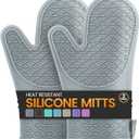 Silicone Oven Mitts, Heat Resistant 2PCS Oven Mitts with Soft Cotton Lining, Waterproof Non-Slip Grip Oven Glove, Kitchen Potholder Mits for BBQ, Baking, Cooking, 12.5 Inch - Grey (Gray)