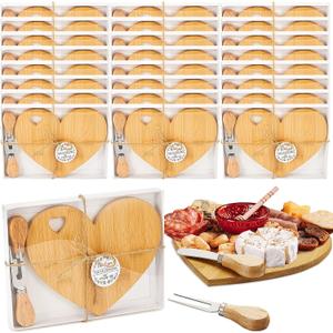 Patelai 24 Set Bridal Baby Shower Favor Heart Cheese Board with Knife, Wood Mini Charcuterie Board Thank You Gift Box for Guest Bridal Baby Shower Prize Wedding Valentines Birthday (Bamboo Color)